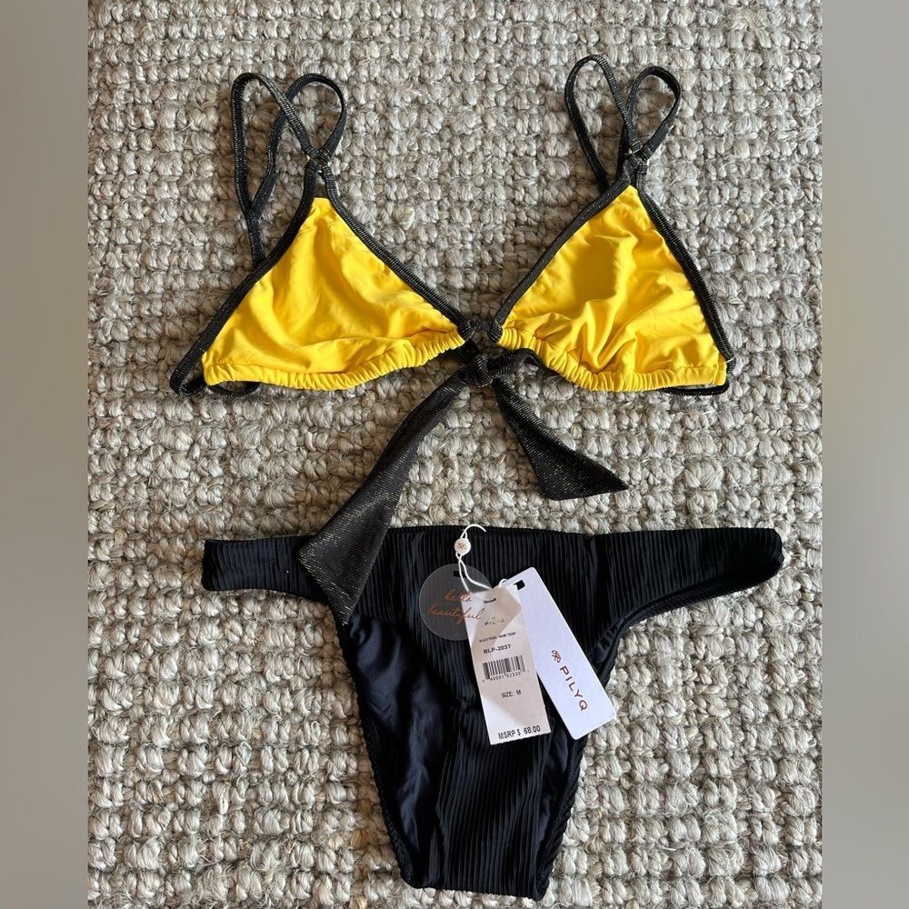Nwt Anthropologie PilyQ yellow shimmer triangle black Pearl ribbed bikini